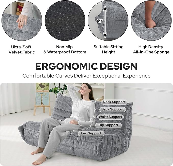 HABUTWAY Bean Bag Chair, Giant Bean Bag Chairs for Adults, 3 Seater Fireside Chair, Lazy Large Floor Bean Bag Sofa for Living Room, Bedroom, Dorm, Office (Light Grey)