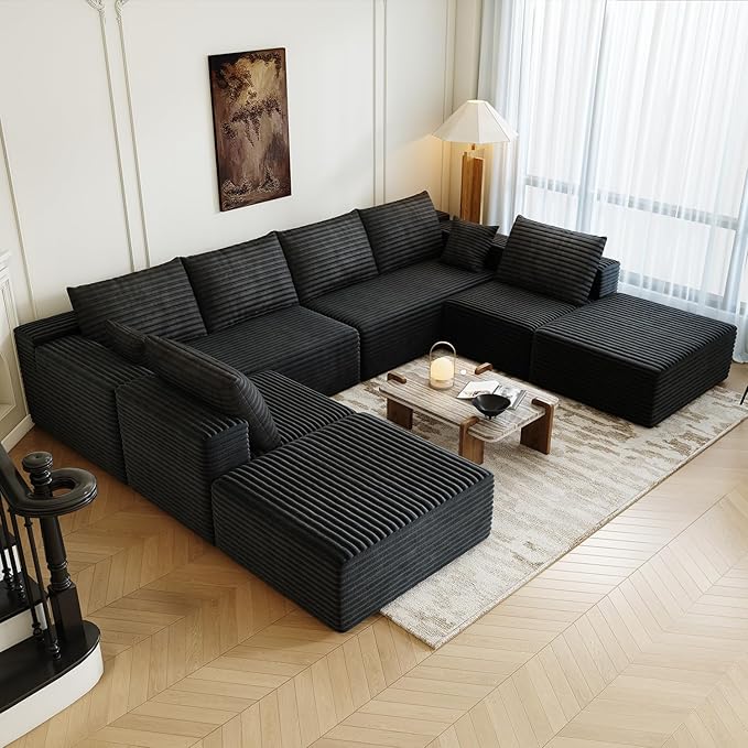 139.4" Modular Sectional Sofa Couch, Oversized U-Shaped Minimalist Couches with 2 Ottomans Chaise and 2 Middle Seats, Modern Deep Seat Cloud Plush Corduroy Sofas Set for Living Room, 8 Seater, Black