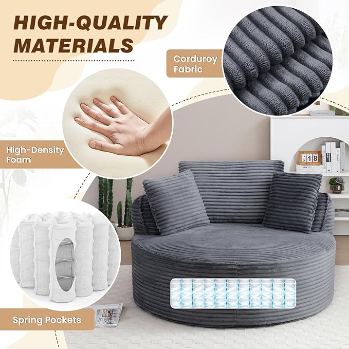 53"W Oversized Round Chaise Longue Chair Indoor,Corduroy Fluffy Comfy Cloud Chair,Circle Bean Bag Sofa with Foam Filling & Pillows,Boneless Reading Cozy Sofa Chairs for Living Room,Bedroom,Grey
