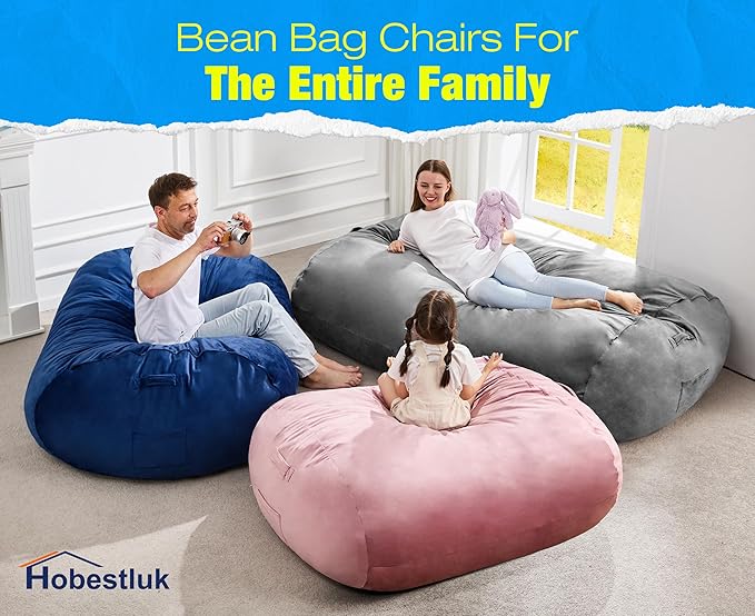 Hobestluk 6FT Bean Bag Chair Large Beanbag Lounger with Removable Cover Adult Bean Bag Chair with Portable Handle Desgin for Living Room Bedroom (Grey, 6FT)