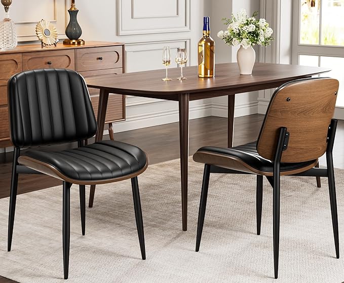 Dining Chairs Set of 2, Mid-Century Modern Upholstered PU Leather Chairs with Walnut Bentwood Back and Metal Legs Adjustable Feet for Kitchen Dining Living Room, Dark Black Vertical Stripes