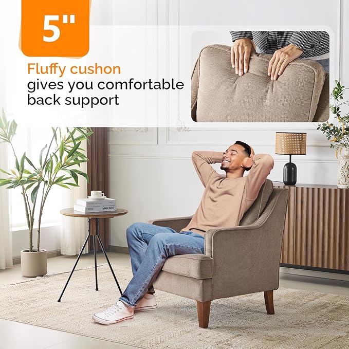 VINGLI Mid-Century Modern Accent Chair, Light Brown Upholstered Armchair Comfy Sofa Chair Reading Chair High Back for Living Room Bedroom Furniture Apartment