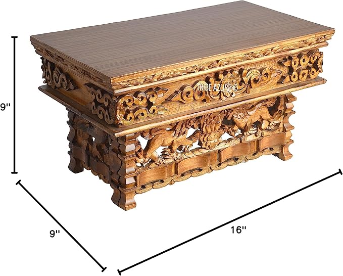 Tribe Azure Fair Trade Small Snow Lion Altar Table, Hand Carved Wooden Table with Majestic Garuda, 16 in x 9 in x 9 in