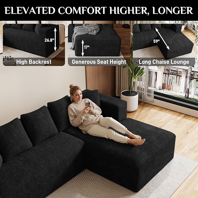 Modular Sectional Sofa, 107" L Shaped Cloud Couch Plush Corduroy Deep Seat Boneless Sofas with 5 Pillows Long Chaise Lounge Couches Memory Foam for Living Room - Black, Right Facing Chaise
