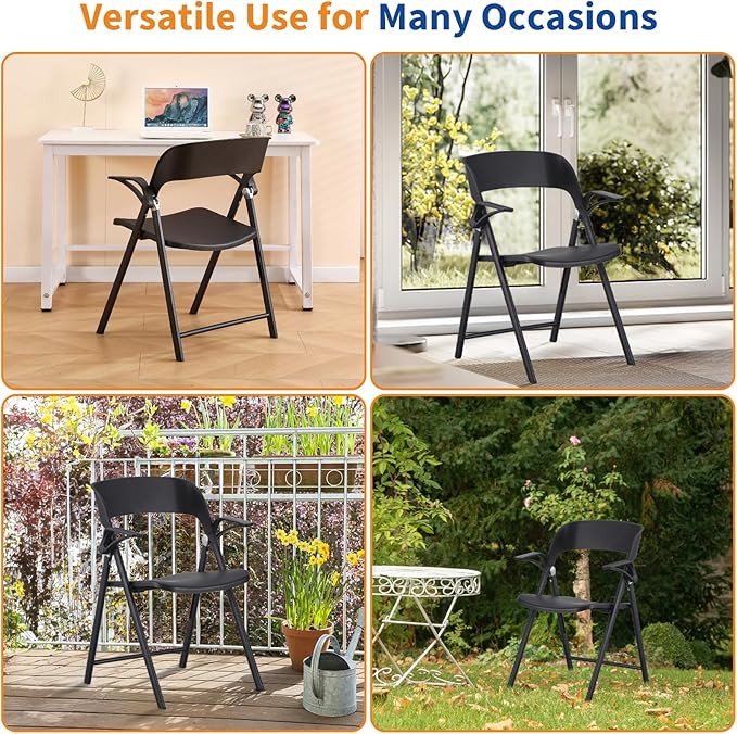 Folding Office Chair, Plastic Folding Chairs with Detachable Armrest, Stackable Dining Chairs, Portable Foldable Chair for Indoor, Outdoor, Wedding, Party, Picnic, Yard, Garden (Black, 4Pack)
