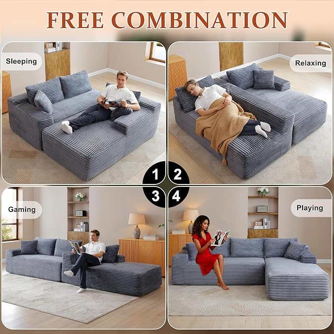 HYJT-H&K Modular Sectional Sofa Cloud Sectional Couch, 95" Comfy Fluffy L Shaped Grey Couches for Living Room, Deep Seat Memory Foam Plush Corduroy Boneless Couch Sectionals Right Facing Chaise Sofa