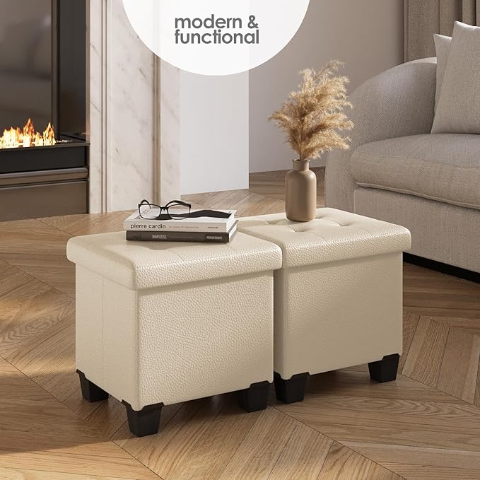 Storage Ottoman Cube with Small Bin, 16-in Square Ottoman with Storage for Living Room and Bedroom, Small Ottomans Foot Rest, Faux Leather Foot Stools Ottomans Max 330lbs, Beige