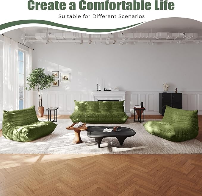 Selyteramy Bean Bag Chairs for Adults, Giant Bean Bag Chair Sofa with Memory Foam, Comfy Beanbag Loveseat Lazy Sofa for Living Room, Bedroom, Apartment, Green