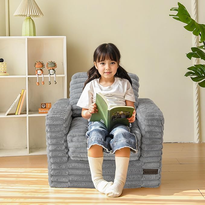 MAXYOYO Kids Bean Bag Chair, Comfy Faux Fur Bean Bag Sofa with Filler, Upholstered Floor Sofa with Pillows and Armrests, Lazy Floor Chair Couch for Boys and Girls, Grey