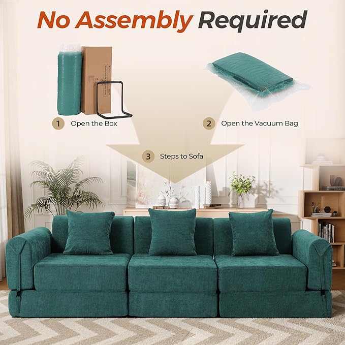 100" Oversized Convertible Sleeper Sofa Bed, Modular Sectional Cloud Sofa with Fixed-Shape Frame & Tabletop, Boneless Couch with Storage Pocket for Living Room, No Assembly Required, Green