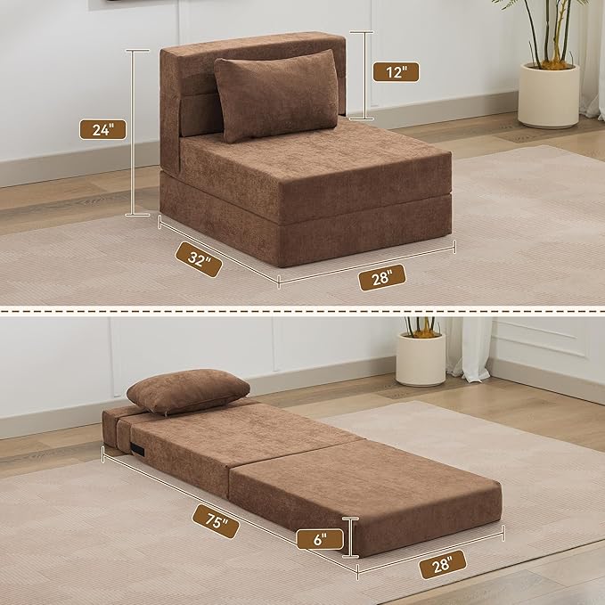 Folding Sofa Bed Convertible Floor Couch Foldable Chair Bed with Pillow，Linen Sleeper Chair Futon,Foldable Memory Foam Mattress for Bedroom/Living Room/Dorm/Office (Brown, Single)