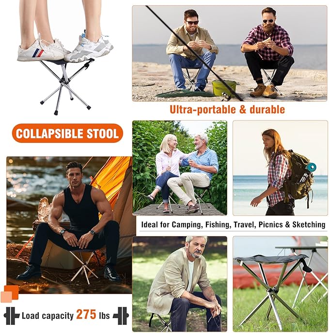 JVZI® Ultra-Light Backpacking Camping Stool - 275lbs Capacity, 1-Second Setup | Waterproof, Dual-Height Design for Camping, Bonfire,Fishing & Queues (1)