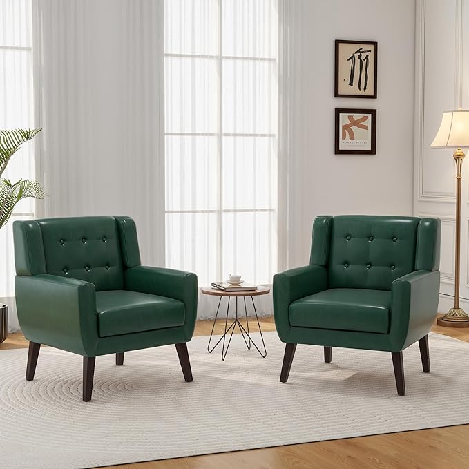 Accent Chair, Mid-Century Modern PU Leather Chairs with Arms for Living Room, Comfy Upholstered Club Single Sofa Armchair for Bedroom Waiting Room with Solid Wood Frame（Leather Green, Set of 2)