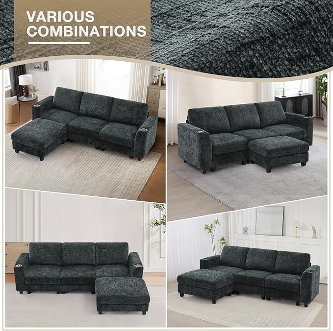 Lesofair 87" Chenille Sectional Sofa with Movable Ottomans, Modular L-Shape Couch with Cup Holders, Convertible 3 Seater Sofa with Well-Filled Backrest Cushions for Living Room, House, Grey