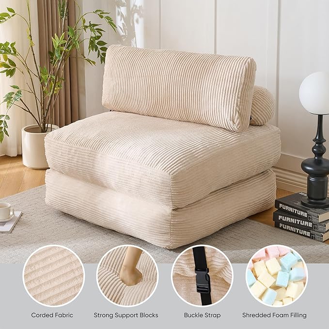 Waxberry Folding Sofa Bed, Convertible Sleeper Chair Couch Bed, Corduroy Upholstered Boneless Sofa for Living Room Bedroom, with Back Support Floor Couch, Beige