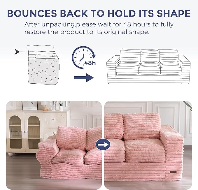 MAXYOYO 3-Seater Boneless Sofa Couch in a Box, Modern Faux Fur Sofa for Living Room, Soft High-Density Foam Couch with Pillows, Fluffy & Supportive Chair Lounge, No Assembly Required, Pink