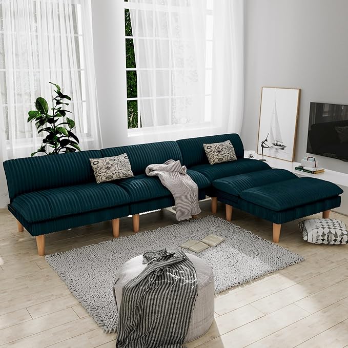 2 Sets 69" Futon Sofa Bed, 4 in 1 Multi-Function Couch Sleeper with Adjustable Backrest, Modern Convertible Futon, Recliner Small Loveseat for Living Room, Plush Blue