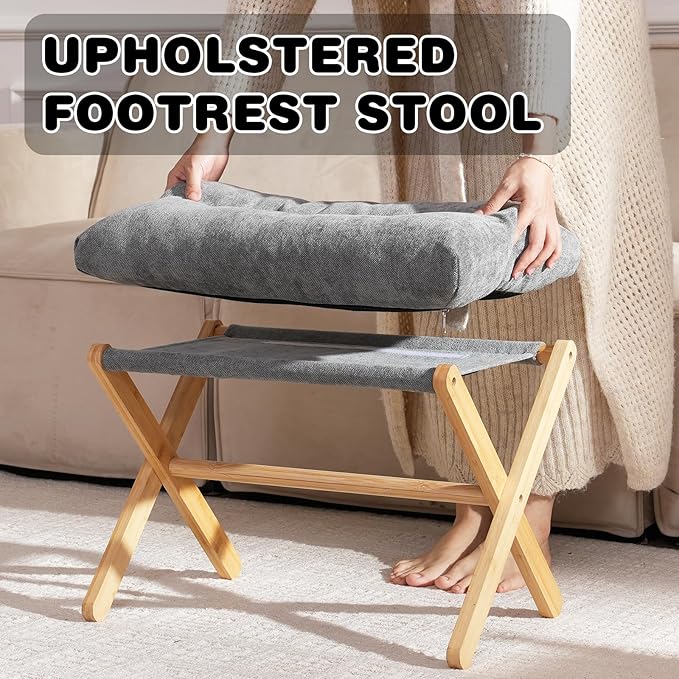 Folding Upholstered Footrest Stool, Small Accent Ottoman with Thick Cotton Cushion & Bamboo X Legs, Modern Padded Sofa Stool for Makeup Bedroom Living Room, Grey