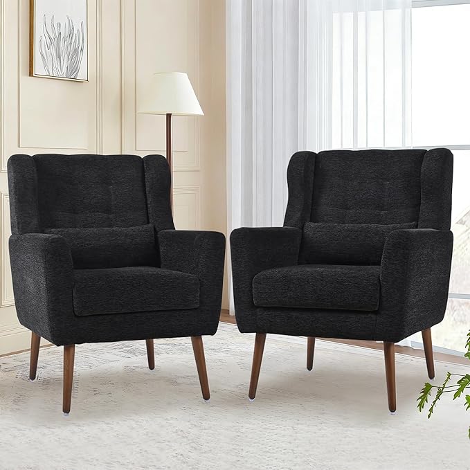 QKFF Accent Chair Set of 2, Upholstered Armchair with Pillow, Fabric Single Sofa Chair with Lounge Seat and Wood Legs Accent Chair for Living Room Small Spaces (Black, Set of 2)