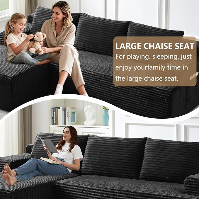 96.1" Modular Sectional Sofa Couches L-Shape Couch 3 Seat Modular Sofa Corduroy Memory Foam Sectional Boneless Couches for Living Room, Cloud Couch with Oversized Chaise(Black, Left Facing)