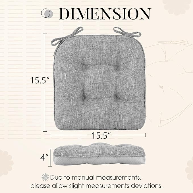 Basic Beyond Chair Cushions for Dining Chairs 4 Pack, Chair Cushion with Ties and Non Slip Backing, 15.5 x 15.5 inches Tufted Chair Pads for Dining Chairs(Light Grey)