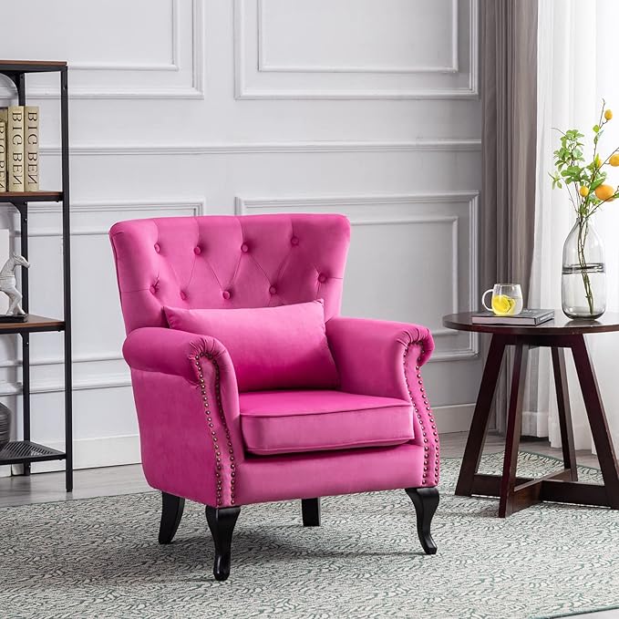 LZAREAL Accent Reading Arm Chairs for Living Room Bedroom, Midcentury Modern Comfy Corner Sofa Chair, Wingback Waiting Room Club Chair with Button Tufted Back &Lumbar Pillow, Velvet Rose