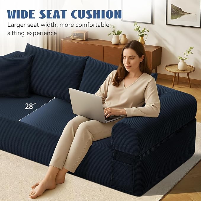 83" Sofa in a Box, 3 Seater Couch No Assembly Boneless Sofa Bed with Cushion Back 2 Matching Pillows Deep Seat Corduroy Fabric Side Storage Pockets for Living Room, Bedroom, Apartment, Office, Blue