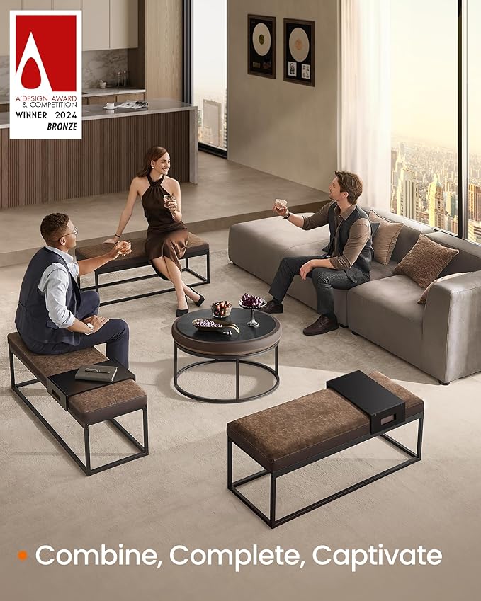 SONGMICS HOME LUIZ Collection - Ottoman, Round Coffee Table, Footstool, Reversible Top, Padded Seat, Side Table, Minimalist, Steel Frame, Max. Load 660 lb, for Living Room, Walnut Brown ULOM078K01