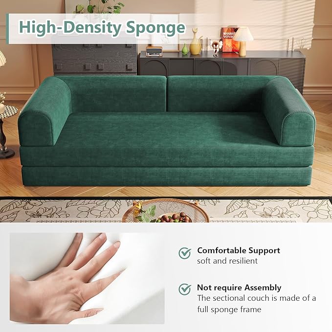 Convertible Sleeper Sofa Bed Boneless Cloud Comfort Green Futon Couch for Lounging & Sleeping, Removable & Washable Corduroy Sofa Cover, Floor Sofa Folding Mattress for Guests, Small Space