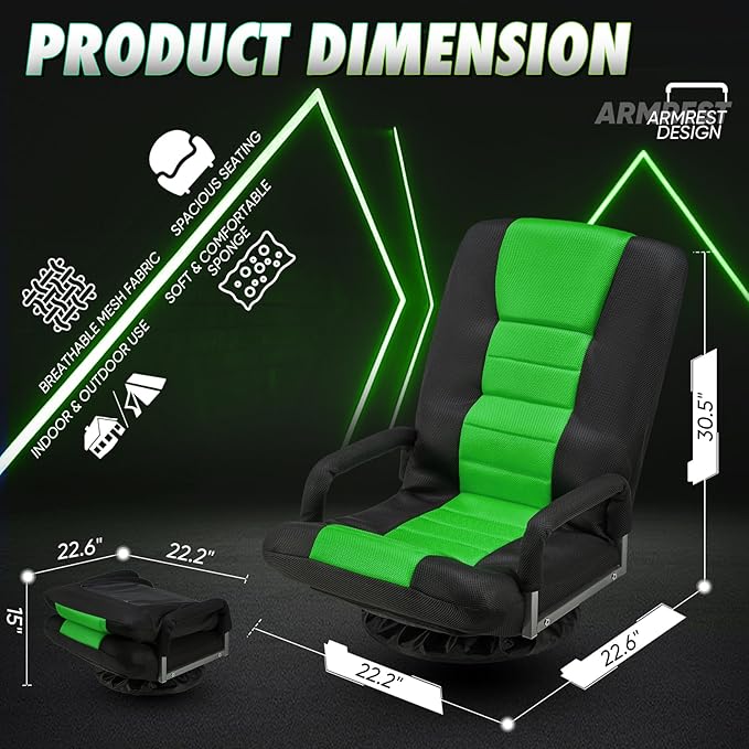 Swivel Gaming Chair 360 Degree Multipurpose Floor Chair w/Armrest & 6 Adjustable Postions Backrest for Adults & Kids, for Reading, Gaming, Watching, Relaxing, Green