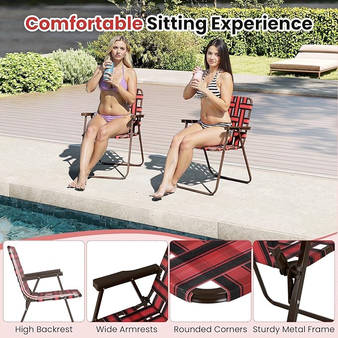 GYMAX Lawn Chair Folding, Webbed Beach Lounge Chairs Set with Highback, Outdoor Portable Lightweight Camping Dinning Chair for Patio, Lawn, Poolside, Sports, Garden, Backyard (6,Red)
