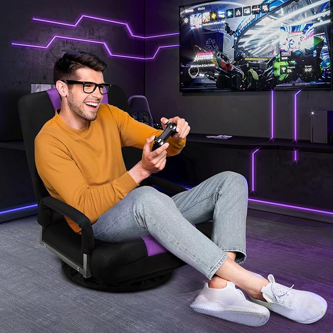 Swivel Gaming Chair 360 Degree Multipurpose 2PACK Floor Chair w/Armrest & 6 Adjustable Postions Backrest for Adults & Kids, for Reading, Gaming, Watching, Relaxing, Purple