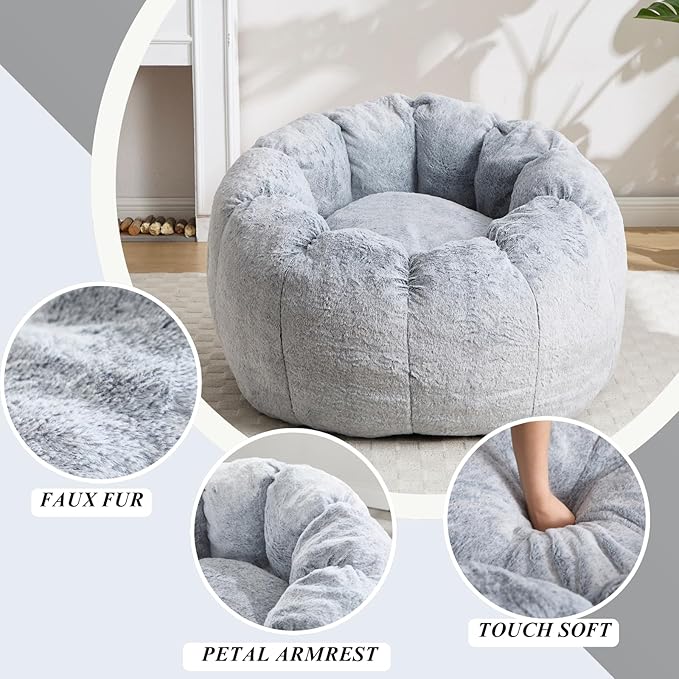 LukeAlon Faux Fur Bean Bag Chair with Filler & Petal Armrest Fluffy Floor Sofa Chair for Adults, 44"×44"×26" Cozy Seating for Bedroom, Living Room, Game Room (Grey)
