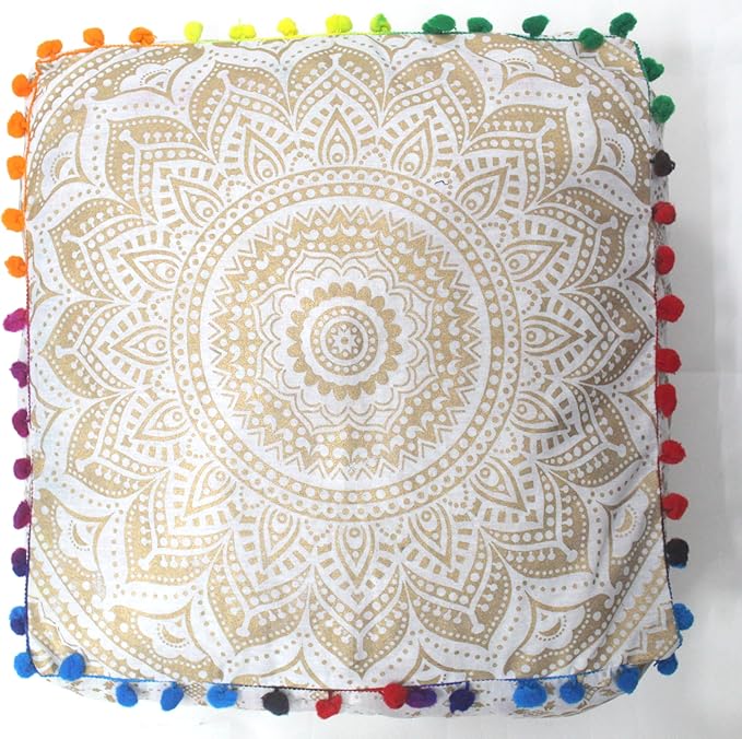 CRAFT KALA 16" Square Large Hippie Mandala Meditation Floor Ottoman Pillow Cushion Pouf Cover Square Poufs Bohemian Circle Floor Cushion Case Outdoor Fireplace Living Room Decor Cover Golden Ombre