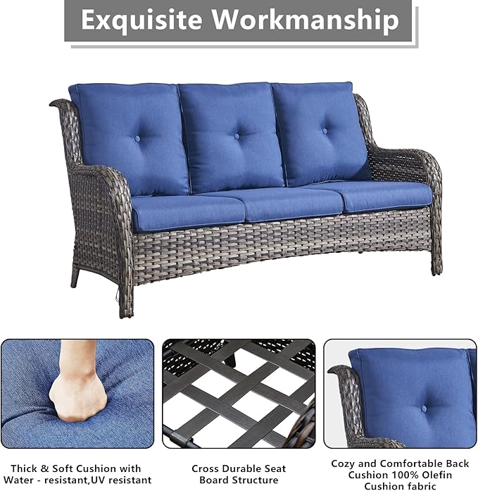 Rilyson Wicker Patio Furniture Set - 7 Piece Rattan Outdoor Sectional Conversation Sets with 2 Rocking Swivel Chairs,2 Ottomans,2 Sofa and 1 Coffee Table for Porch Deck Garden(Mixed Grey/Blue)