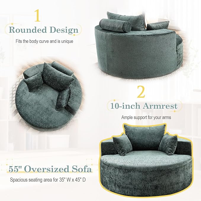 Oversized Round Chaise Longue Chair Indoor, Modern 55-inch Upholstered Chenille Deep Seat Circle Single Cloud Lounge Floor Sofa Chair for Living Room, Bedroom Apartment, Green