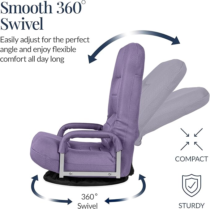 Best Choice Products Swivel Gaming Chair 360 Degree Multipurpose Floor Chair Rocker for TV, Reading, Playing Video Games w/Lumbar Support, Armrest Handles, Adjustable Foldable Backrest - Light Purple