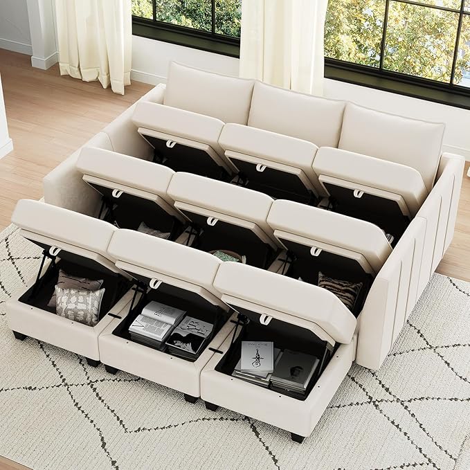 Belffin Modular Sectional Sofa Bed with Storage, 9-Seater Velvet Reversible Sleeper Couch for Living Room, Beige