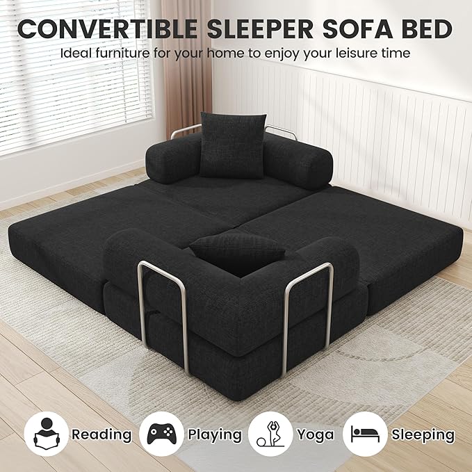 DURASPACE 78'' Folding Convertible Sofa Bed Boneless Foam Sectional Couches with Fixed-Shape Frame, Modular Floor Sleeper Sofa for Living Room (Chenille Black)