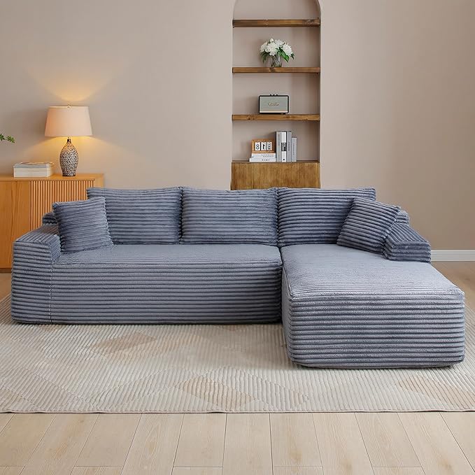 HYJT-H&K Modular Sectional Sofa Cloud Sectional Couch, 95" Comfy Fluffy L Shaped Grey Couches for Living Room, Deep Seat Memory Foam Plush Corduroy Boneless Couch Sectionals Right Facing Chaise Sofa