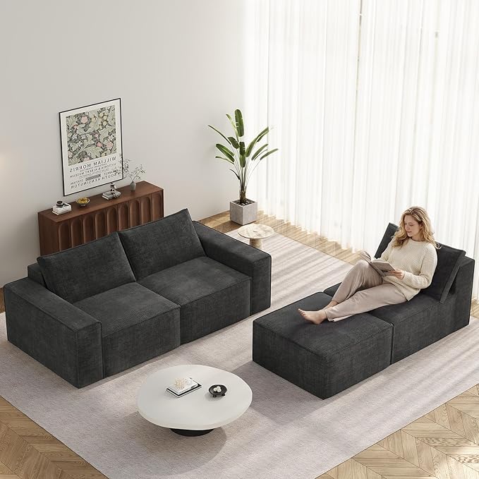 Vesgantti 114" Modular Sectional Boneless Couch, Modern 3 Seater Sofa with Ottoman & Deep Seat, Convertible Chenille L Shaped Cloud Couches for Living Room, No Assembly Required, Dark Grey
