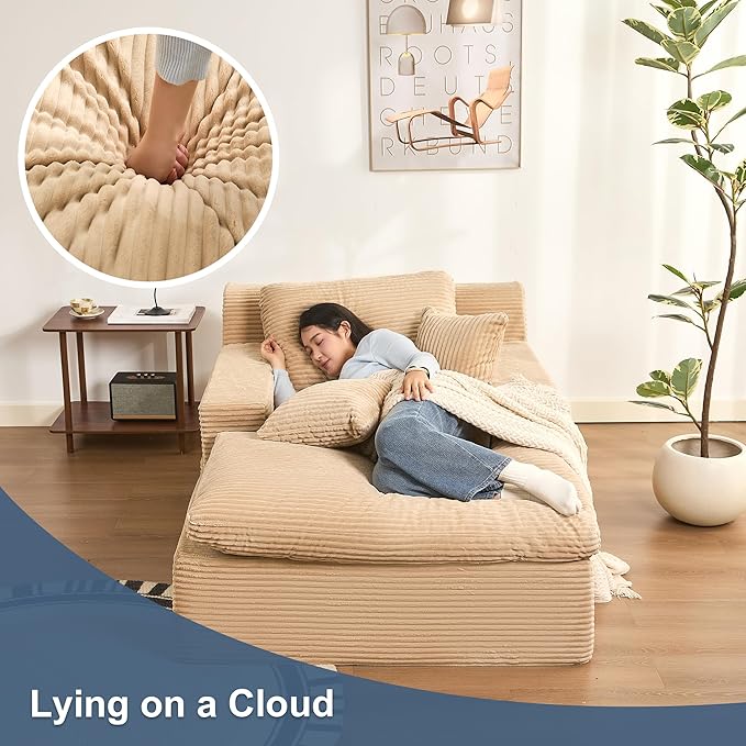 63" Oversized Boneless Chaise Lounge Chair, Extra Cloud Layer, Convertible Sleeper Sofa Couch with Removable Pillows & Side Pockets, Corduroy Upholstered Sofa Bed with Armrests for Living Room, Camel