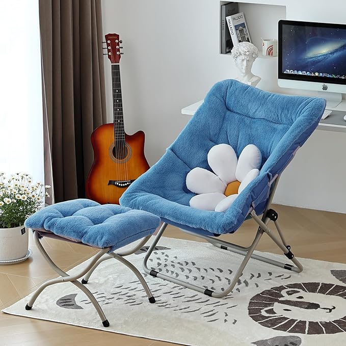 Givjoy Comfy Folded Chair with Ottoman, Oversized Folding Faux Fur Chair Soft Furry Lounge Lazy Chair with Metal Frame Moon Chair Accent Chair for Bedroom, Living Room, Dorm Rooms