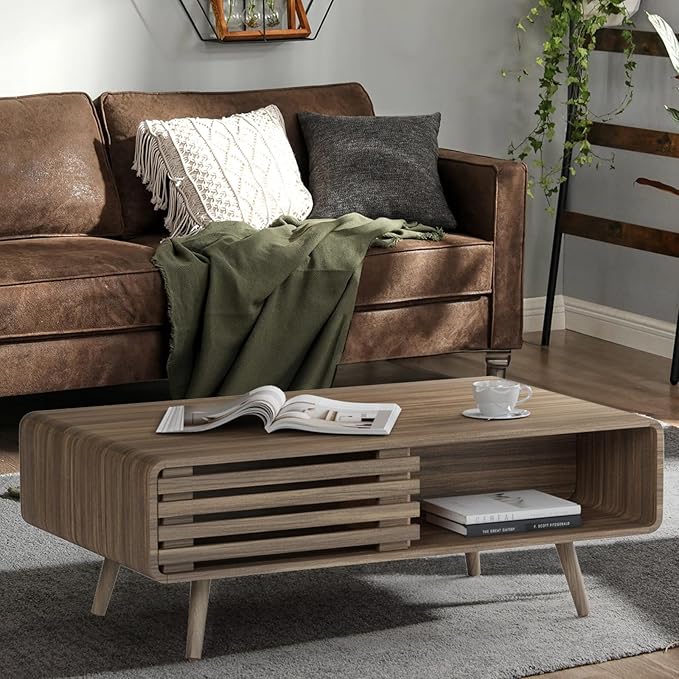 Easyego Coffee Table with Storage, Farmhouse Wood Tables for Living Room, Easy Assembly, Suitable for Various Home Styles (Light Brown)