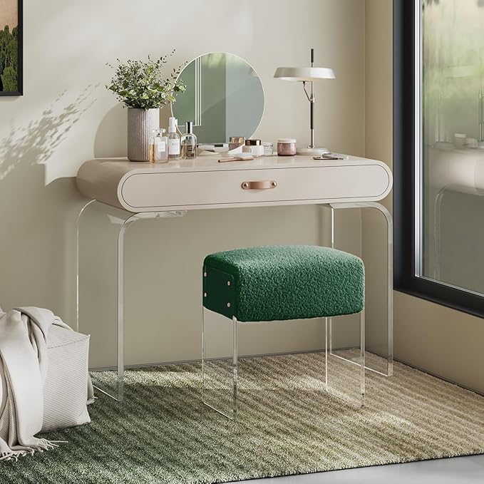 Soft Fluffy Stool, Modern Acrylic Footstool with Upholstered Seat, Fluffy Stool for Living Room Bedroom (Green)