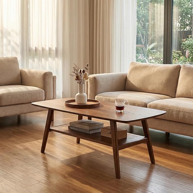 Mid Century Modern Coffee Table: 100% Solid Wood Coffee Table - 2-Tier Storage Design - Space Saving Small Coffee Tables for Living Room, Apartment (Walnut, 31.49")