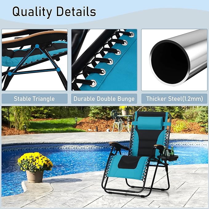 PHI VILLA XXL Oversized Padded Zero Gravity Chair Set of 2, Foldable Patio Recliner, 30" Wide Seat Anti Gravity Lounger with Armrest and Cup Holder, Support 400 LBS (Aqua Blue)