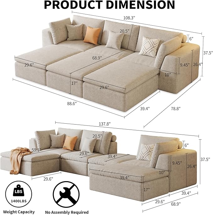 109" Modular Sectional Sofa with Deep Seat, Oversized Cloud Couch for Living Room with 3 Ottomans, Boneless Memory Foam Teddy Fleece Sofa, No Tools Assembly Required (Beige,3 Ottomans)