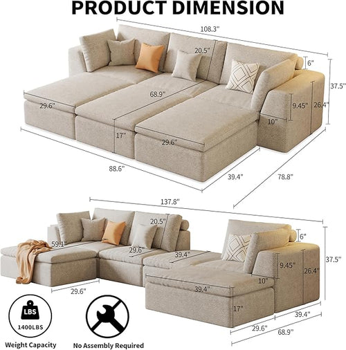 109" Modular Sectional Sofa with Deep Seat, Oversized Cloud Couch for Living Room with 3 Ottomans, Boneless Memory Foam Teddy Fleece Sofa, No Tools Assembly Required (Beige,3 Ottomans)