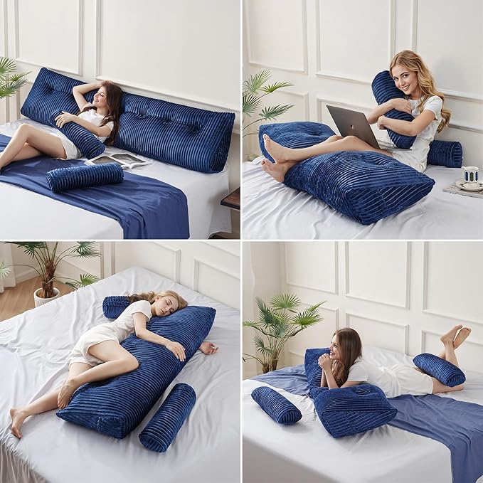 Z-hom Large Wedge Pillow Headboard, Full Triangular Headboard Pillow, Reading Pillow Bed with a Roll Pillow for Bed Sitting Up Sleeping, Backrest Cushion Headboard Gap Pillow for Back,Blue